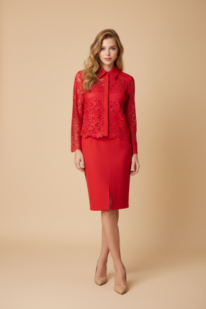 Conjunto rojo midi con chaqueta de encaje – elegancia que enamora